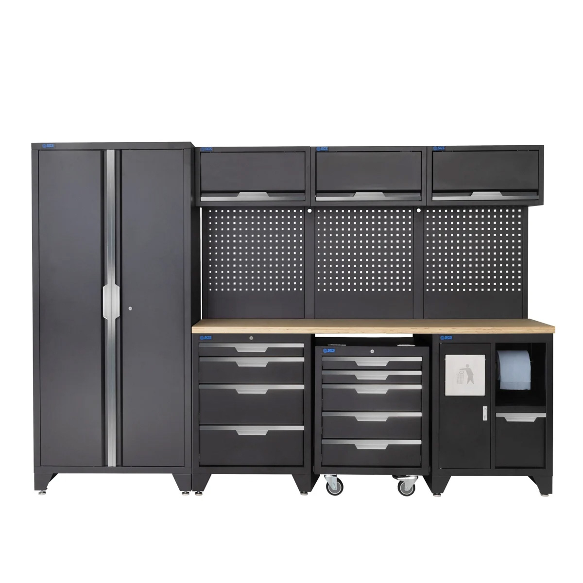 SGS 10pc Garage Storage System | 9 Drawers | Pressed Wood Worktop | Tall Double Cabinet | Bin Unit | Mobile Cabinet | 3x Upper Cabinets